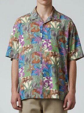 Burma -Bibas Silk‎ Shirt Mens Size XL Button Up Multi Color Hawaiian